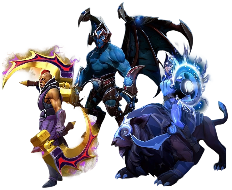 Három fantasy-szereplő harci pózban. Egy ragyogó pengékkel rendelkező harcos, egy kék bőrű, szárnyas lény és egy párducon lovagló nő. Energikus és misztikus hangulat